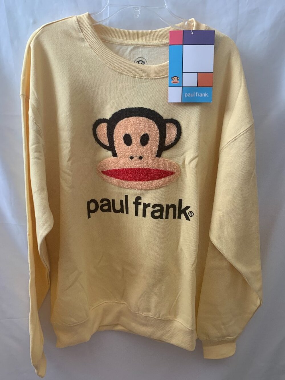 PAUL FRANK Julius the Monkey Embroidered Patch Crew Neck Sweater in Yellow Sz L